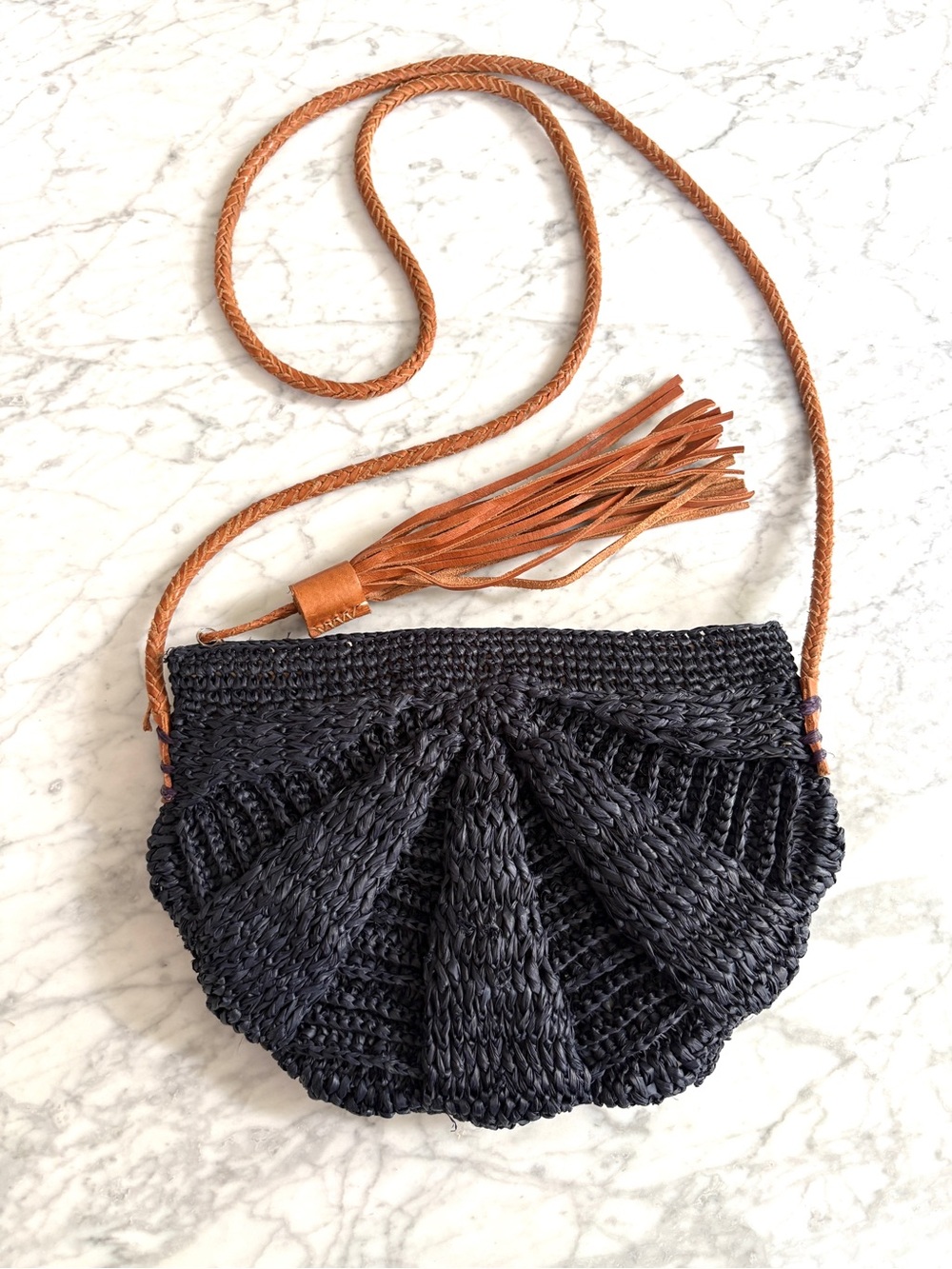 Mar Y Sol Zoe Crossbody Bag Mini Woven Raffia Palm Leather Strap Navy Blue